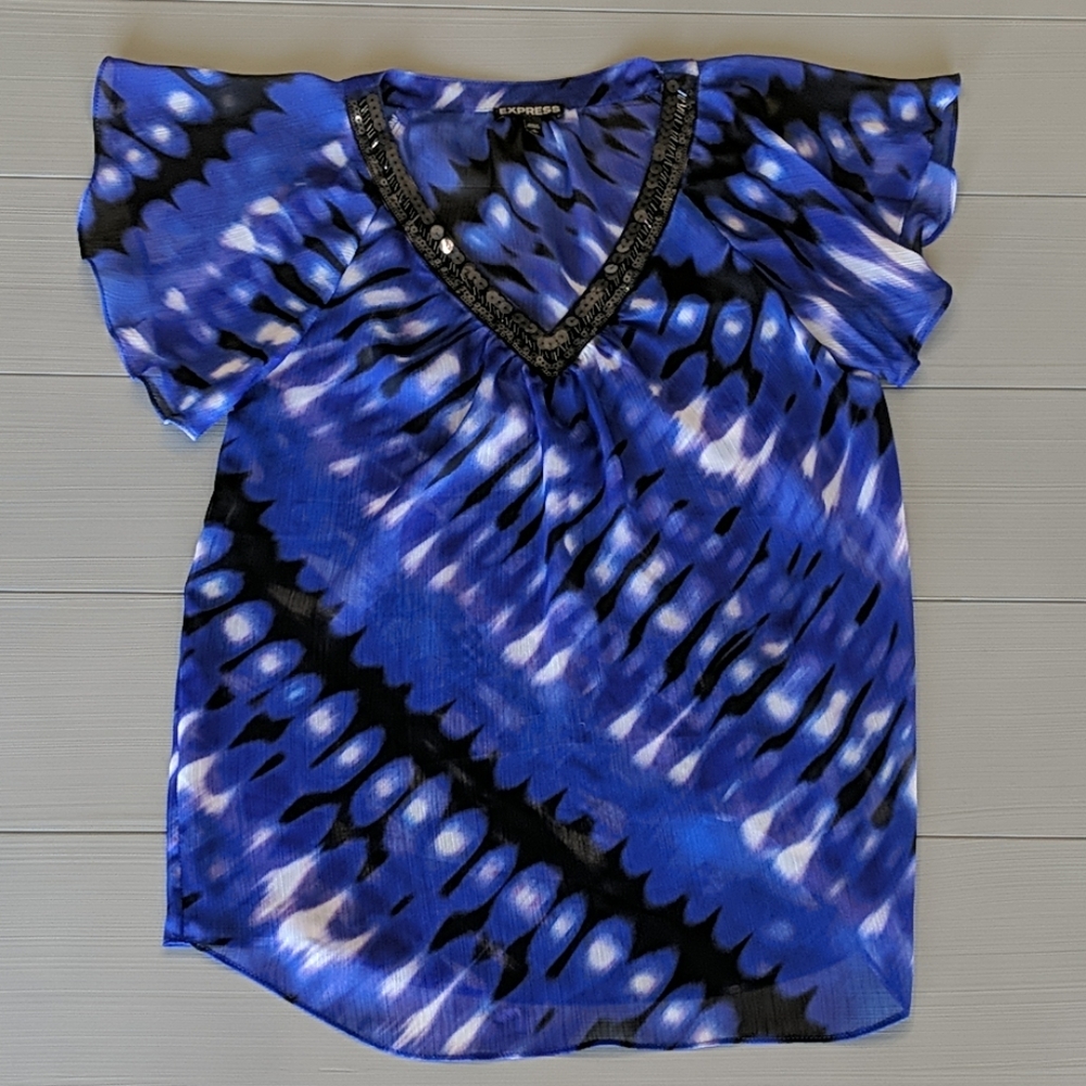Express Sequin V-neck Blue/Black/White Tribal Short Sleeve Shirt Size Small S